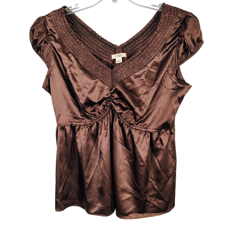 Cato Womens L Smocked Satin Babydoll Top Brown Polyester Coquette Romancore